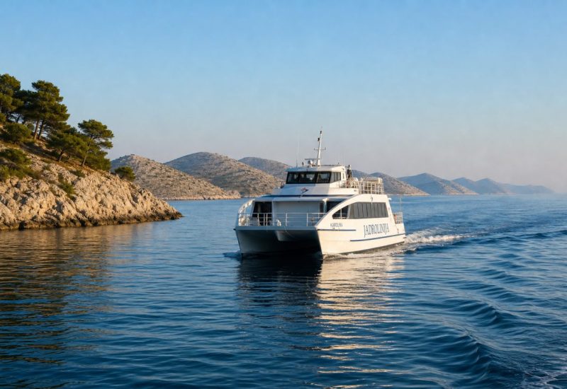 A small white passenger catamaran crossing calm deep-blue Adriatic water in the early morning, seen from a low angle near the waterline, with a long line of bare limestone Dalmatian islands receding into soft haze behind it, a few pine trees on the nearest headland, gentle wake trailing across the surface, clear pale sky just after sunrise. Use balanced, natural contrast with a realistic tonal range. Preserve fine detail throughout the image, with smooth highlight roll-off, detailed shadows, balanced exposure, and natural, accurate colors.