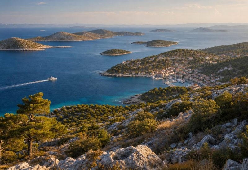 A high viewpoint over the central Dalmatian coast in the late afternoon: a deep blue Adriatic channel with a small white passenger boat leaving a thin wake, layered limestone islands receding into soft haze, dark pines and dry scrub on the rocky slope in the foreground, terracotta roofs of a small harbour town tucked into a bay below, calm water with subtle turquoise shallows near the shore, warm low sun raking across the hills. Use balanced, natural contrast with a realistic tonal range. Preserve fine detail throughout the image, with smooth highlight roll-off, detailed shadows, balanced exposure, and natural, accurate colors.