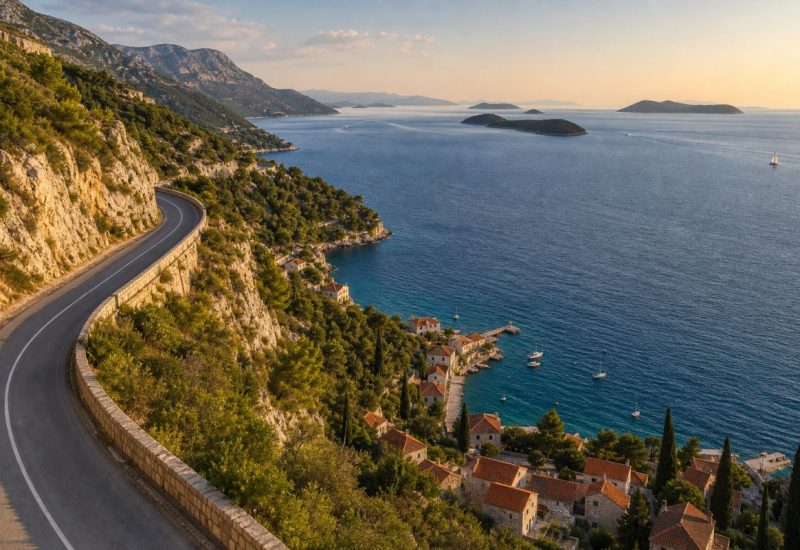 Aerial view of the southern Dalmatian coastline in late afternoon light. A narrow coastal road curves along steep limestone slopes high above a deep blue Adriatic sea. Below, a small bay holds a cluster of stone houses with terracotta roofs and a few moored boats. Pine and cypress trees cover the hillsides, and layered islands fade into soft haze on the horizon. Low warm sun, long gentle shadows, calm water with subtle texture. Use balanced, natural contrast with a realistic tonal range. Preserve fine detail throughout the image, with smooth highlight roll-off, detailed shadows, balanced exposure, and natural, accurate colors.
