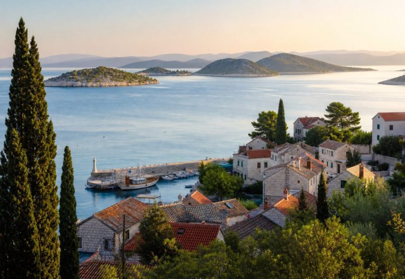 Early morning light over the Adriatic coastline of Croatia, seen from a low hillside: terracotta rooftops of a small stone town descending toward a calm turquoise bay, a few wooden fishing boats moored at a quiet jetty, dark cypress and pine trees framing the foreground, layered limestone islands fading into soft haze on the horizon. Quiet, unhurried, no people in focus. Photographic, shot on a full-frame camera with a moderate wide lens. Use balanced, natural contrast with a realistic tonal range. Preserve fine detail throughout the image, with smooth highlight roll-off, detailed shadows, balanced exposure, and natural, accurate colors.