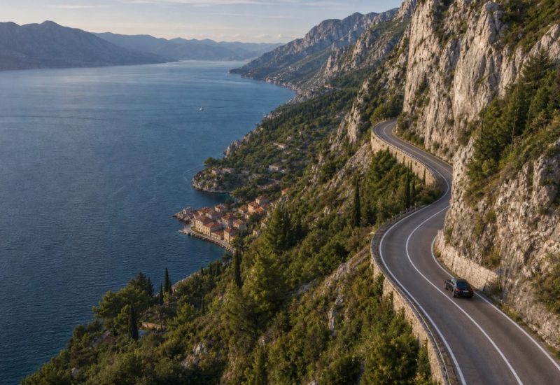 A winding coastal road hugging steep limestone cliffs above a deep blue Adriatic bay in the southern Balkans, late afternoon light, cypress and pine trees on the slopes, a small stone village and a narrow inlet visible far below, distant mountains fading in layers of haze, a single dark car on the empty road seen from a high vantage point, photographic realism. Use balanced, natural contrast with a realistic tonal range. Preserve fine detail throughout the image, with smooth highlight roll-off, detailed shadows, balanced exposure, and natural, accurate colors.
