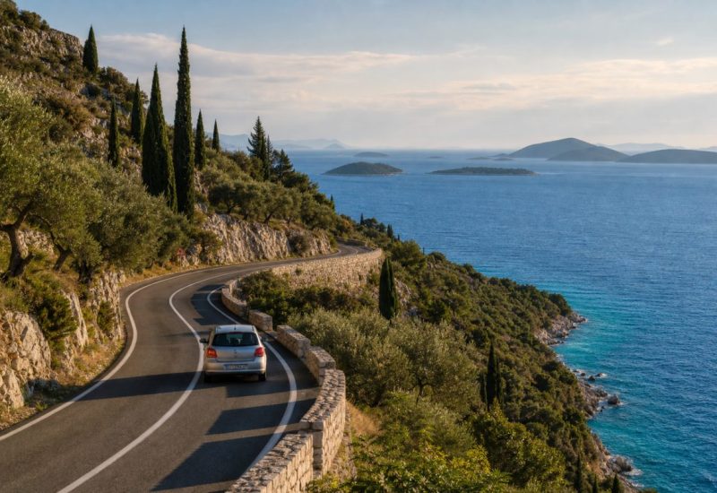A winding two-lane coastal road hugging a steep Dalmatian hillside above the Adriatic Sea, low dry-stone walls along the outer edge, dark cypress trees and olive groves on the slope, a small silver hatchback seen from behind rounding a bend, deep turquoise water below and layered islands fading into haze on the horizon, warm late-afternoon light. Use balanced, natural contrast with a realistic tonal range. Preserve fine detail throughout the image, with smooth highlight roll-off, detailed shadows, balanced exposure, and natural, accurate colors.