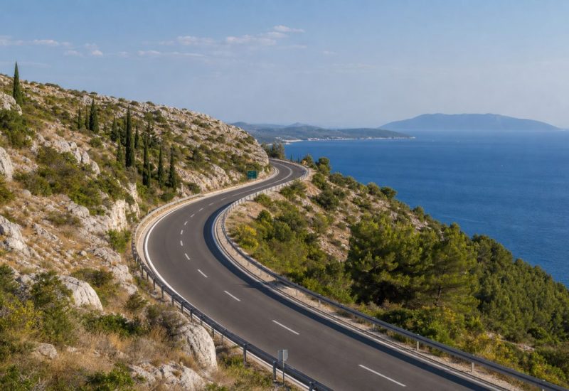 A wide curving stretch of empty coastal motorway in Dalmatia at mid-morning, cutting across dry karst hills covered in low scrub and pale limestone outcrops, with the deep blue Adriatic and a distant island silhouette on the horizon. Warm summer light, a few cypress and pine trees along the roadside, soft haze over the far coastline. Photographic, shot from a slightly elevated vantage point looking down the road as it disappears around the hillside. Use balanced, natural contrast with a realistic tonal range. Preserve fine detail throughout the image, with smooth highlight roll-off, detailed shadows, balanced exposure, and natural, accurate colors.