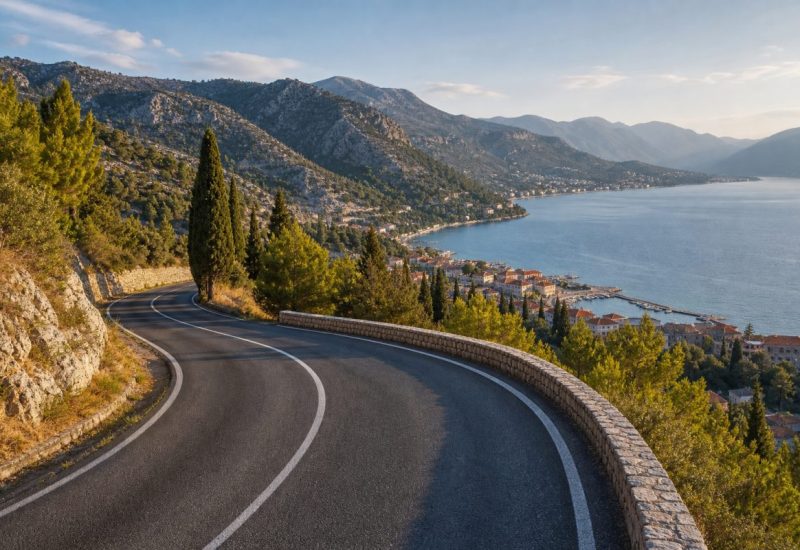 A wide elevated view over a curving two-lane road that climbs through green limestone hills in late afternoon light, with a small terracotta-roofed coastal town and a calm blue bay visible in the distance below. Cypress and pine trees line the roadside, dry stone walls follow the slope, and low alpine ridges fade into soft haze on the horizon. The road is empty, the asphalt still warm, and a stone parapet curves along the outer edge of the bend. Warm, low-angle sunlight, clean air, quiet and uncrowded. Photographic, sharp, documentary travel style. Use balanced, natural contrast with a realistic tonal range. Preserve fine detail throughout the image, with smooth highlight roll-off, detailed shadows, balanced exposure, and natural, accurate colors.