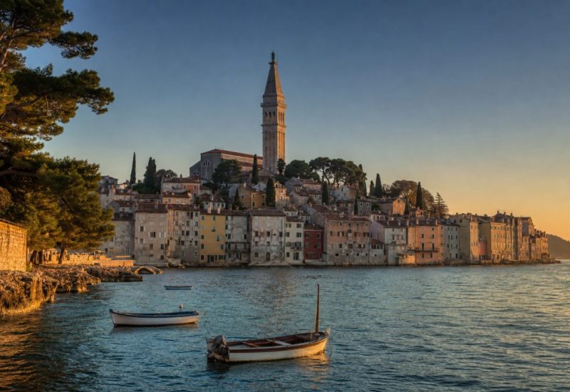 A wide golden-hour photograph of a small Adriatic peninsula town of pastel stone houses packed around a tall Venetian-style bell tower, seen from across calm turquoise water. Weathered ochre, terracotta and pale rose facades with green shutters rise straight from the rocks, and a few small wooden fishing boats float in the foreground. Dark stone pines frame the left edge. Soft warm side light rakes across the stone, low haze over distant wooded headlands, a clear gradient sky. Photographic and natural in perspective. Use balanced, natural contrast with a realistic tonal range. Preserve fine detail throughout the image, with smooth highlight roll-off, detailed shadows, balanced exposure, and natural, accurate colors.
