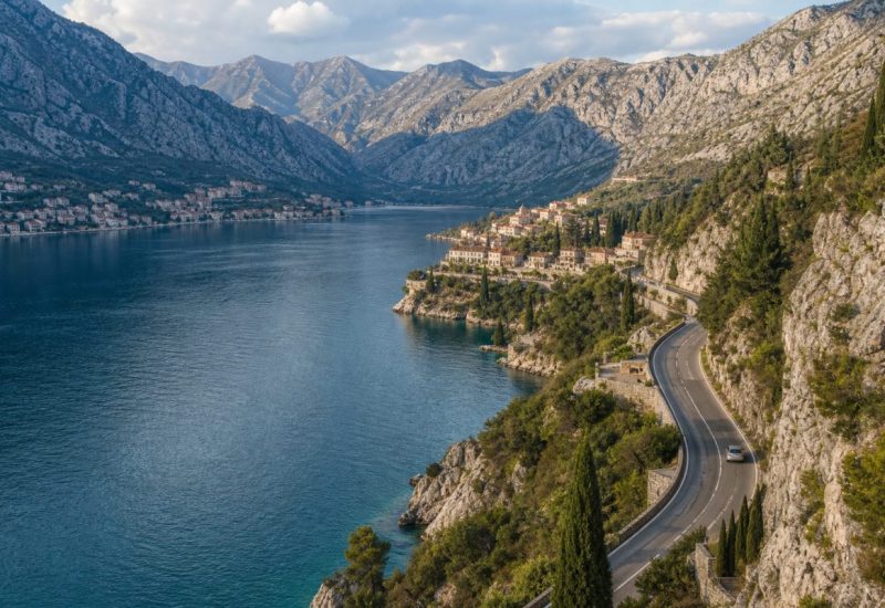 A wide elevated photograph of a narrow two-lane road curving along a steep limestone shoreline in the southern Adriatic, taken in soft late-afternoon light. Deep blue-green water fills a fjord-like inlet below, with terraced stone villages and cypress trees clinging to the slopes on both sides. Bare grey mountains rise behind, layered into haze. A single small car is visible on the road, giving scale. Realistic documentary travel photography, natural depth, no people in the foreground. Use balanced, natural contrast with a realistic tonal range. Preserve fine detail throughout the image, with smooth highlight roll-off, detailed shadows, balanced exposure, and natural, accurate colors.