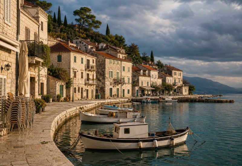A wide, calm view of a Dalmatian coastal town in early autumn: pale limestone quays curving along still turquoise water, a few small wooden fishing boats moored with fenders out, terracotta rooftops rising behind weathered stone facades, dark pines and cypress on the slope above. Low golden late-afternoon light rakes across the stone while a bank of soft grey cloud builds over the open sea, hinting at a change of season. A handful of empty cafe chairs stand stacked beside a folded awning. Use balanced, natural contrast with a realistic tonal range. Preserve fine detail throughout the image, with smooth highlight roll-off, detailed shadows, balanced exposure, and natural, accurate colors.