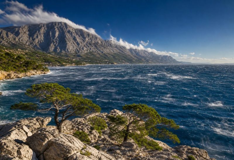 A wide coastal scene on the eastern Adriatic under a strong offshore wind: deep blue water streaked with white spray lifting off short, steep waves, the surface torn into long lanes running away from the shore. In the foreground a low limestone shoreline with karst rock and stunted, wind-bent pines. Behind it a bare grey mountain ridge rises steeply from the sea, sunlit and sharply defined under a clear, deep sky with torn clouds streaming off the summit. Crisp air, long visibility, late morning light. Use balanced, natural contrast with a realistic tonal range. Preserve fine detail throughout the image, with smooth highlight roll-off, detailed shadows, balanced exposure, and natural, accurate colors.