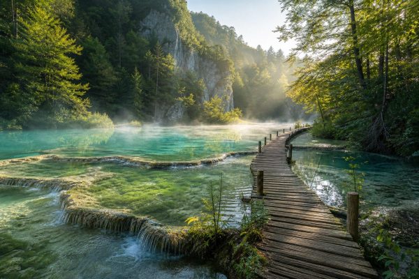 A quiet early-morning view of a narrow wooden boardwalk threading low over shallow turquoise water in a karst lake landscape, seen from a slightly elevated angle. Travertine terraces spill in thin sheets between pools, moss and pale limestone below the clear surface, dense beech and fir forest crowding both banks with soft mist lifting off the water. The plank walkway is empty, its weathered timber and simple posts catching low side light. Cool green and aqua tones with warm light on the treetops. Use balanced, natural contrast with a realistic tonal range. Preserve fine detail throughout the image, with smooth highlight roll-off, detailed shadows, balanced exposure, and natural, accurate colors.