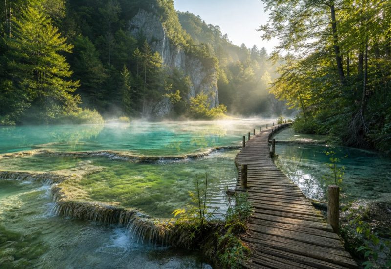 A quiet early-morning view of a narrow wooden boardwalk threading low over shallow turquoise water in a karst lake landscape, seen from a slightly elevated angle. Travertine terraces spill in thin sheets between pools, moss and pale limestone below the clear surface, dense beech and fir forest crowding both banks with soft mist lifting off the water. The plank walkway is empty, its weathered timber and simple posts catching low side light. Cool green and aqua tones with warm light on the treetops. Use balanced, natural contrast with a realistic tonal range. Preserve fine detail throughout the image, with smooth highlight roll-off, detailed shadows, balanced exposure, and natural, accurate colors.