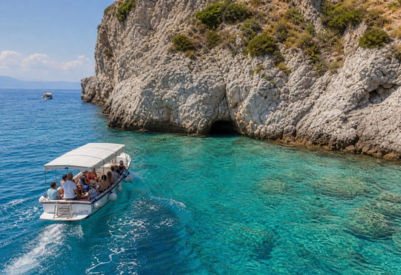 A wide, slightly elevated view of a small open tour boat gliding across deep turquoise Adriatic water toward the base of a rugged pale limestone island, where a low dark opening meets the sea at the waterline. Sparse dry Mediterranean scrub clings to the upper cliffs. Late morning summer light, gentle swell, clear water showing pale sand and rock beneath the surface, a second small boat far off in the distance for scale. Documentary travel photography, calm and uncluttered. Use balanced, natural contrast with a realistic tonal range. Preserve fine detail throughout the image, with smooth highlight roll-off, detailed shadows, balanced exposure, and natural, accurate colors.