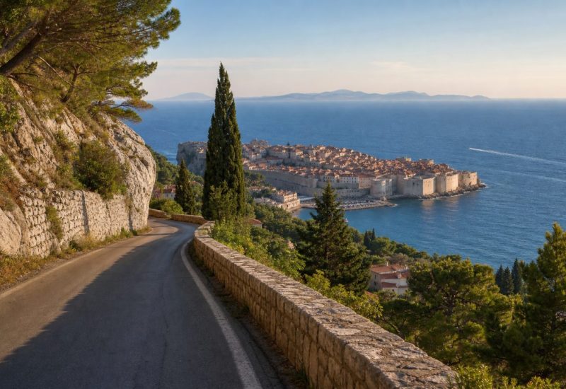A quiet coastal approach road curving along a limestone hillside above the Adriatic on a clear late afternoon, with the walled old town of Dubrovnik and its terracotta rooftops visible in the distance below, cypress and pine trees along the roadside, dry stone retaining walls, deep blue sea and a soft haze on the horizon. Photographic, elevated viewpoint, calm and empty road surface, warm low sunlight. Use balanced, natural contrast with a realistic tonal range. Preserve fine detail throughout the image, with smooth highlight roll-off, detailed shadows, balanced exposure, and natural, accurate colors.