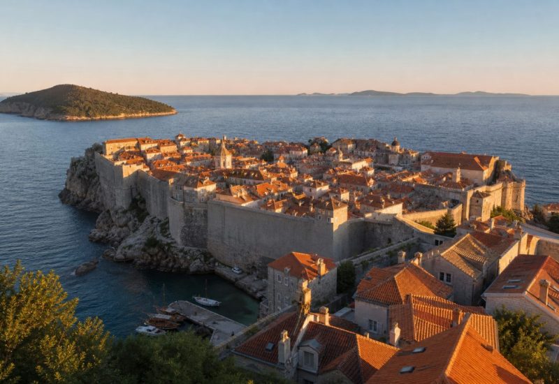 Early morning wide view over the terracotta rooftops of a walled Adriatic old town, seen from a hillside vantage point. Massive pale limestone fortifications curve around the rocky peninsula and meet deep blue water. A small stone harbour with a few wooden boats sits below, low golden sunlight rakes across the roof tiles and casts long soft shadows into narrow stone lanes, calm sea, distant green islands on the horizon, clear summer sky. Photographic, realistic, no people in the foreground. Use balanced, natural contrast with a realistic tonal range. Preserve fine detail throughout the image, with smooth highlight roll-off, detailed shadows, balanced exposure, and natural, accurate colors.