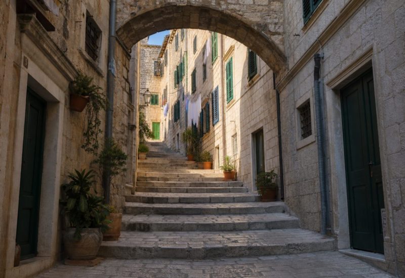 A narrow stepped stone alley in a walled Adriatic old town, climbing between tall pale limestone houses with green wooden shutters and worn marble steps polished by centuries of use. Late afternoon sunlight falls on the upper walls while the lower stairway stays in soft shade, a stone arch spans the passage overhead, and potted plants and laundry lines add quiet life. Empty of people, photographed in a documentary architectural style with a slightly elevated eye-level perspective looking up the steps. Use balanced, natural contrast with a realistic tonal range. Preserve fine detail throughout the image, with smooth highlight roll-off, detailed shadows, balanced exposure, and natural, accurate colors.