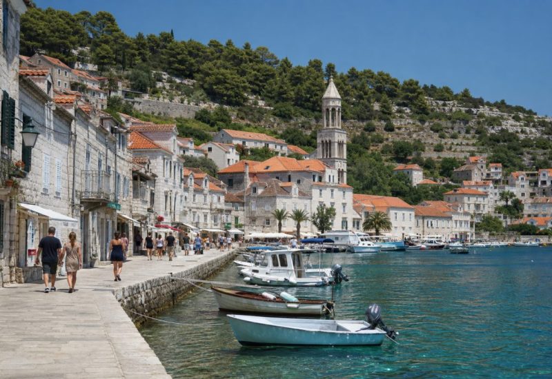 A calm, wide daytime photograph of a Dalmatian coastal old town waterfront on the Adriatic: pale limestone buildings with terracotta roofs rising behind a stone-paved seaside promenade, small wooden fishing boats moored along the quay, clear turquoise water lapping the stone edge, a handful of relaxed pedestrians strolling in summer clothes seen from a distance, green pine trees on the slope above, soft afternoon light and a clear sky. Documentary travel photography, unposed. Use balanced, natural contrast with a realistic tonal range. Preserve fine detail throughout the image, with smooth highlight roll-off, detailed shadows, balanced exposure, and natural, accurate colors.