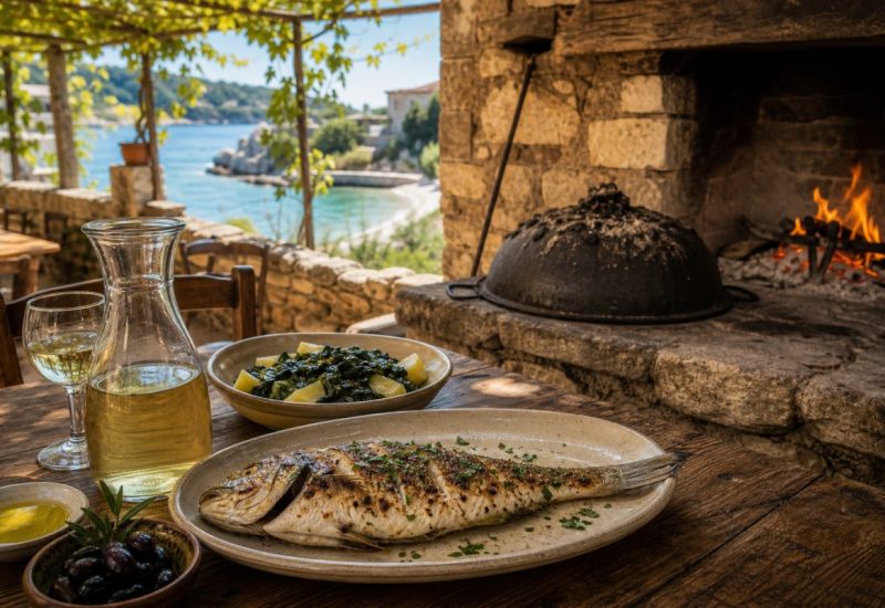 A rustic stone-walled Dalmatian tavern terrace in warm late-afternoon light. In the foreground a weathered wooden table holds a whole grilled white fish on a plain ceramic platter, a bowl of blitva greens with potatoes, a glass carafe of pale house wine, a small dish of olive oil, black olives and a sprig of rosemary. Behind the table an open stone hearth glows with wood embers, and a heavy cast-iron bell-shaped baking lid rests on the hearth stones beside a long iron hook. Grapevines trained on a simple pergola cast dappled shadows, and the calm blue Adriatic and a pebbled cove are softly out of focus in the distance. Photorealistic editorial food travel photography, shallow depth of field, warm natural daylight. Use balanced, natural contrast with a realistic tonal range. Preserve fine detail throughout the image, with smooth highlight roll-off, detailed shadows, balanced exposure, and natural, accurate colors.