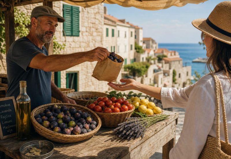 A warm, natural editorial photograph of an early morning produce market in a Dalmatian coastal town. A weathered bare wooden stall table holds woven baskets of fresh figs, ripe tomatoes, lemons and bundles of dried lavender, beside a plain glass bottle of olive oil. A vendor's hands pass a small brown paper bag of figs to a customer's open palm, seen from a soft side angle, with a few small coins resting in a shallow tin dish on the corner of the table. Behind them, gently blurred pale limestone facades with green wooden shutters, terracotta rooftops and a sliver of calm blue sea, dappled Mediterranean morning sunlight filtering through a canvas awning. Shallow depth of field, documentary travel photography, warm neutral palette of stone beige, olive green and sea blue. Use balanced, natural contrast with a realistic tonal range. Preserve fine detail throughout the image, with smooth highlight roll-off, detailed shadows, balanced exposure, and natural, accurate colors.