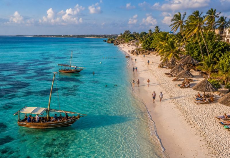 Wide aerial travel photograph of a turquoise Zanzibar beach in warm late afternoon light. A long curve of soft white sand meets clear shallow reef water. Small groups of holidaymakers walk along the waterline, a few swim in the shallows, and others relax on loungers under simple thatched umbrellas. Tall palm trees lean over the shore, and traditional wooden sailing boats drift just offshore with people aboard. Green vegetation and low soft clouds sit on the horizon. Natural documentary tourism photography, rich saturated tropical color, crisp texture in sand and water. Use balanced, natural contrast with a realistic tonal range. Preserve fine detail throughout the image, with smooth highlight roll-off, detailed shadows, balanced exposure, and natural, accurate colors.
