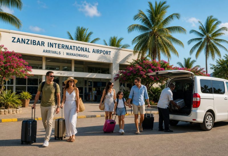 Wide daylight travel photograph of happy vacationers stepping out of a modern tropical airport arrivals area in Zanzibar into bright sunshine, a smiling couple and a family with a child pulling wheeled suitcases along a palm lined drop off drive, a friendly local driver in a light shirt helping load a bag into a white minivan, tall coconut palms and bougainvillea around a clean paved forecourt, soft warm late afternoon light, turquoise sky, relaxed holiday mood, people small to medium in the frame with plenty of open space and greenery around them. Use balanced, natural contrast with a realistic tonal range. Preserve fine detail throughout the image, with smooth highlight roll-off, detailed shadows, balanced exposure, and natural, accurate colors.