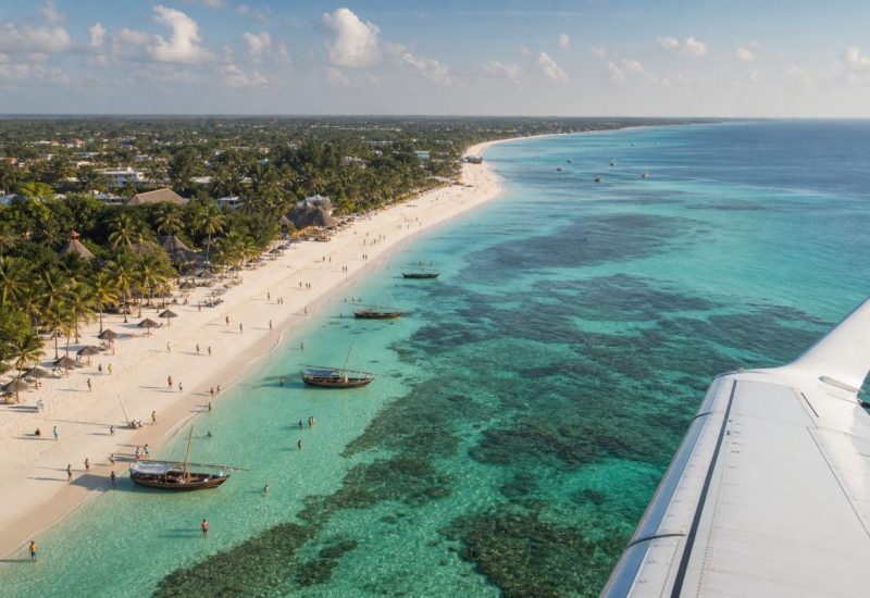 Aerial photograph taken from a descending passenger aircraft on final approach over the Indian Ocean coastline of Zanzibar. A white aircraft wing enters the frame from the lower right, and far below stretches a long curve of white sand beach with turquoise shallows, coral reef patterns and a dense line of palm trees. Tiny figures of holidaymakers are scattered across the sand and in the shallow water, some walking along the waterline, some swimming, a few resting under thatched sun umbrellas. Traditional wooden sailing boats rest near the shore with small groups of people around them. Warm late afternoon light, clear sky with soft scattered clouds, high altitude perspective, crisp natural detail. Use balanced, natural contrast with a realistic tonal range. Preserve fine detail throughout the image, with smooth highlight roll-off, detailed shadows, balanced exposure, and natural, accurate colors.