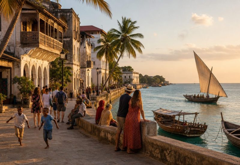 Golden late afternoon light on the historic waterfront of an old Swahili coral stone town in Zanzibar. Wide horizontal view: weathered whitewashed and ochre facades with carved wooden balconies and arched verandas rising just behind a low seafront wall, palm trees leaning over the promenade. In the middle distance a relaxed group of travellers and local families stroll and sit along the wall, a couple leaning on the railing looking out to sea, two children running barefoot on the warm stone. On the calm turquoise water a traditional wooden dhow with a tall triangular sail glides past, with two more small boats moored nearby. Warm, soft directional sunlight, long gentle shadows, hazy tropical horizon. Use balanced, natural contrast with a realistic tonal range. Preserve fine detail throughout the image, with smooth highlight roll-off, detailed shadows, balanced exposure, and natural, accurate colors.