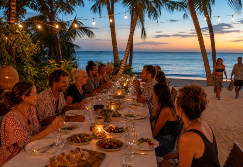 Warm golden dusk photograph of a long festive dinner table set outdoors in a lush tropical garden a few steps from a white sand beach in Zanzibar, white tablecloth, bowls of colorful fresh salads and platters of bread, small glass candle holders glowing, strings of warm bulbs hanging between tall palm trees, a relaxed group of happy international travelers of mixed ages seated around the table talking and smiling, a couple more people arriving barefoot along the sand, calm turquoise Indian Ocean and a soft orange horizon behind them, candid documentary travel photography feel, people comfortably spaced within a wide airy composition. Use balanced, natural contrast with a realistic tonal range. Preserve fine detail throughout the image, with smooth highlight roll-off, detailed shadows, balanced exposure, and natural, accurate colors.