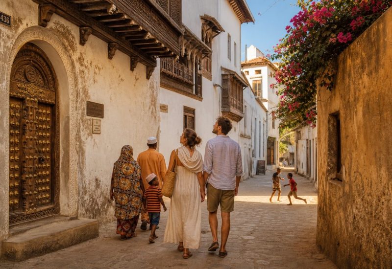 Warm late afternoon sunlight in a narrow coral stone alley of a historic Swahili old town in Zanzibar. Wide horizontal composition: whitewashed and ochre walls with carved wooden balconies, an arched doorway with a heavy carved wooden door studded with brass, bougainvillea spilling over a low wall. In the middle of the frame a relaxed couple of travellers walks away from the camera, the woman in a loose light linen dress with a soft scarf over her shoulders, the man in a simple shirt and knee length shorts, both smiling as they look up at the balconies. Nearby a local family walks past in colourful patterned cloth, and two children play barefoot in a patch of sunlight further down the alley. Everyone at ease, unposed, candid documentary feel. Soft warm shadows across the stone, a sliver of blue sky above the rooftops. Use balanced, natural contrast with a realistic tonal range. Preserve fine detail throughout the image, with smooth highlight roll-off, detailed shadows, balanced exposure, and natural, accurate colors.