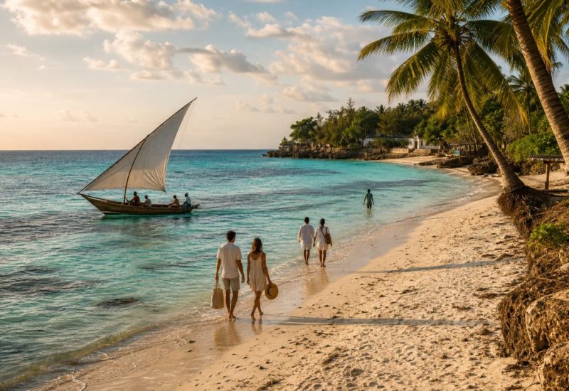 A warm, sunlit wide travel photograph of a tropical East African island shoreline in late afternoon. In the middle distance a small group of relaxed vacationers in light summer clothing walks barefoot along the wet tideline, one couple carrying a woven cloth tote bag and a folded straw hat, another traveler wading in shallow turquoise water. A traditional wooden sailing boat glides past offshore with three people aboard, its white triangular sail catching the low golden light. Coconut palms lean in from the right edge, casting long soft shadows across pale coral sand. Shallow reef patches and gentle ripples give the water a layered turquoise to deep blue gradient. Shot from a slightly elevated position, natural documentary style, people small within a spacious landscape. Use balanced, natural contrast with a realistic tonal range. Preserve fine detail throughout the image, with smooth highlight roll-off, detailed shadows, balanced exposure, and natural, accurate colors.