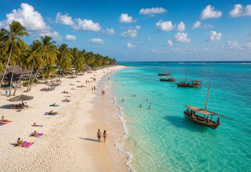 Wide aerial photograph of a long white sand tropical beach on Zanzibar in bright dry season light, turquoise shallow lagoon with a distant reef line, rows of tall coconut palms along the shore, small groups of holidaymakers scattered across the sand, a few swimming in the clear shallow water, a couple walking near the waterline, colourful beach towels and simple thatched sun shelters, traditional wooden sailing boats anchored offshore with people aboard, gentle white surf, scattered fair weather cumulus clouds in a deep blue sky, warm late afternoon sunlight. Use balanced, natural contrast with a realistic tonal range. Preserve fine detail throughout the image, with smooth highlight roll-off, detailed shadows, balanced exposure, and natural, accurate colors.
