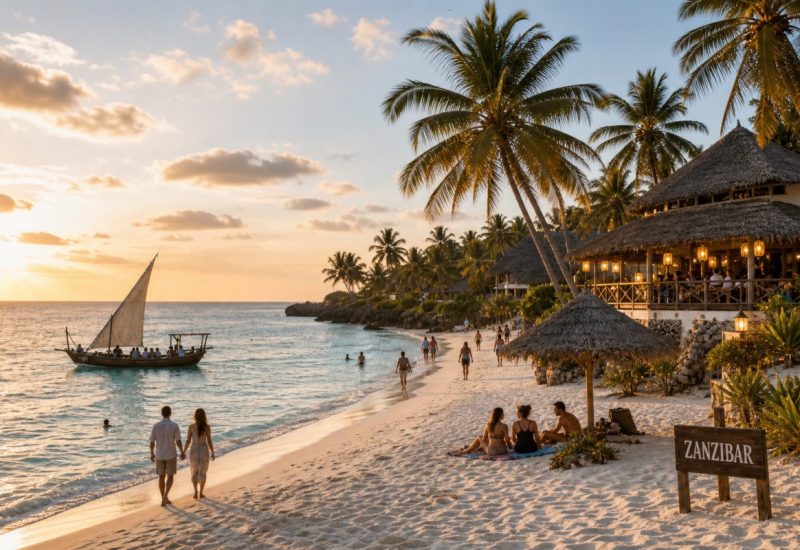 Wide, warm late-afternoon photograph of a palm-fringed white sand beach in Zanzibar seen from a slightly elevated angle. Small groups of relaxed vacationers are scattered along the shoreline, some walking barefoot at the water line, some sitting under a thatched umbrella, a few wading in shallow turquoise water. In the middle distance a traditional wooden sailing boat carries a handful of passengers across calm water. Behind the palms, a low thatched-roof beach lodge glows with soft warm lamplight as dusk approaches, its terrace occupied by a couple of guests. Golden hour light, long soft shadows, gentle sea breeze in the palm fronds. Use balanced, natural contrast with a realistic tonal range. Preserve fine detail throughout the image, with smooth highlight roll-off, detailed shadows, balanced exposure, and natural, accurate colors.