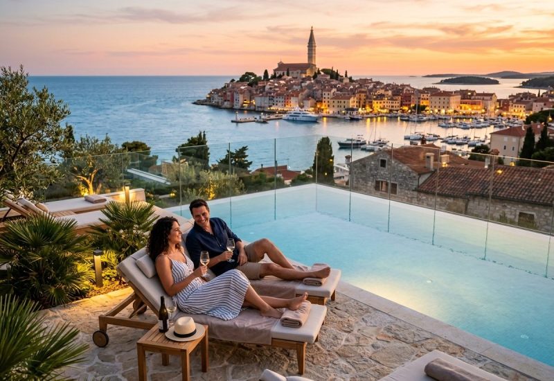 High-definition realistic travel photograph of an Israeli couple relaxing beside a luxurious infinity pool at sunset, overlooking Rovinj’s glowing stone old town, marina, and Adriatic Sea; elegant modern hotel terraces, natural warm light, cinematic depth of field, no text.